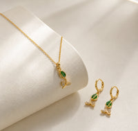 Green Teardrop Necklace & Earring Set - Anti Tarnish Gold Plated-Tulip