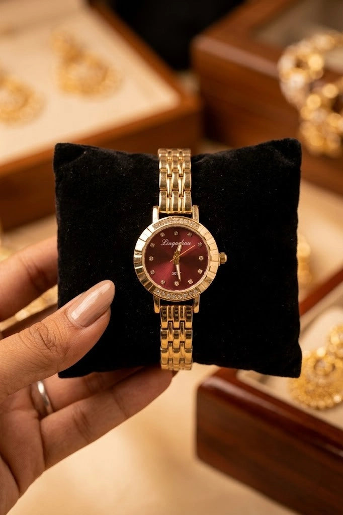 Elegant Maroon Dial Anti Tarnish Gold Plated Watch for Women