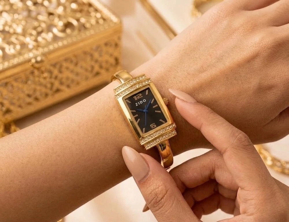 Vintage Rectangular Anti-Tarnish Gold Plated Bangle Watch with Black Dial
