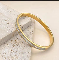 Baguette Crystal Hinged Bangle - Anti Tarnish Gold Plated Bracelet