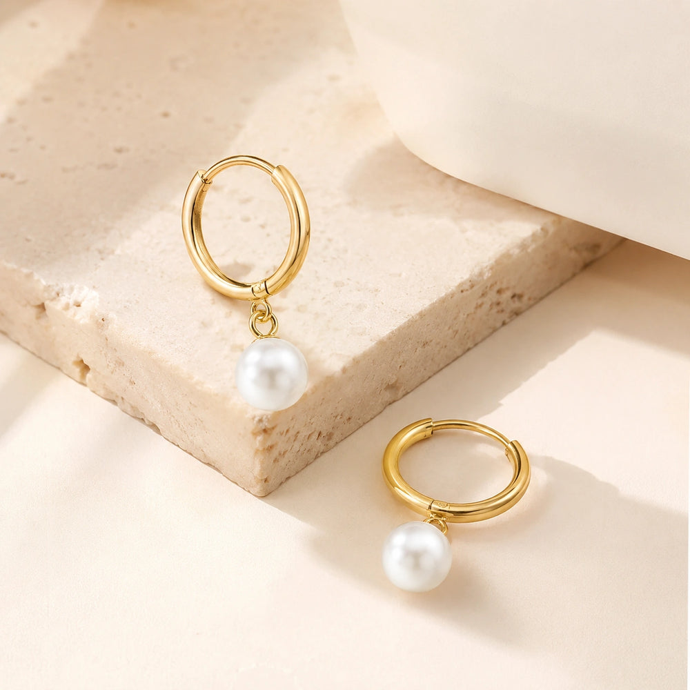 Pearl Drop Hoop Earrings - Anti-Tarnish Gold-Plated