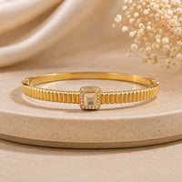 Crystal Halo Ribbed Bangle - Anti-Tarnish Gold Plated Bracelet