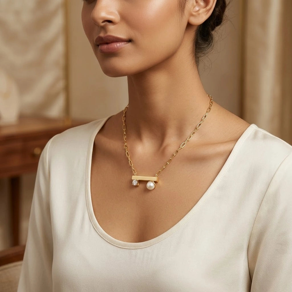 Minimalist Pearl & Crystal Bar Necklace | Anti Tarnish Gold Plated