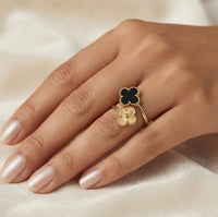 Black Double Clover Adjustable Ring - Anti Tarnish Gold Plated