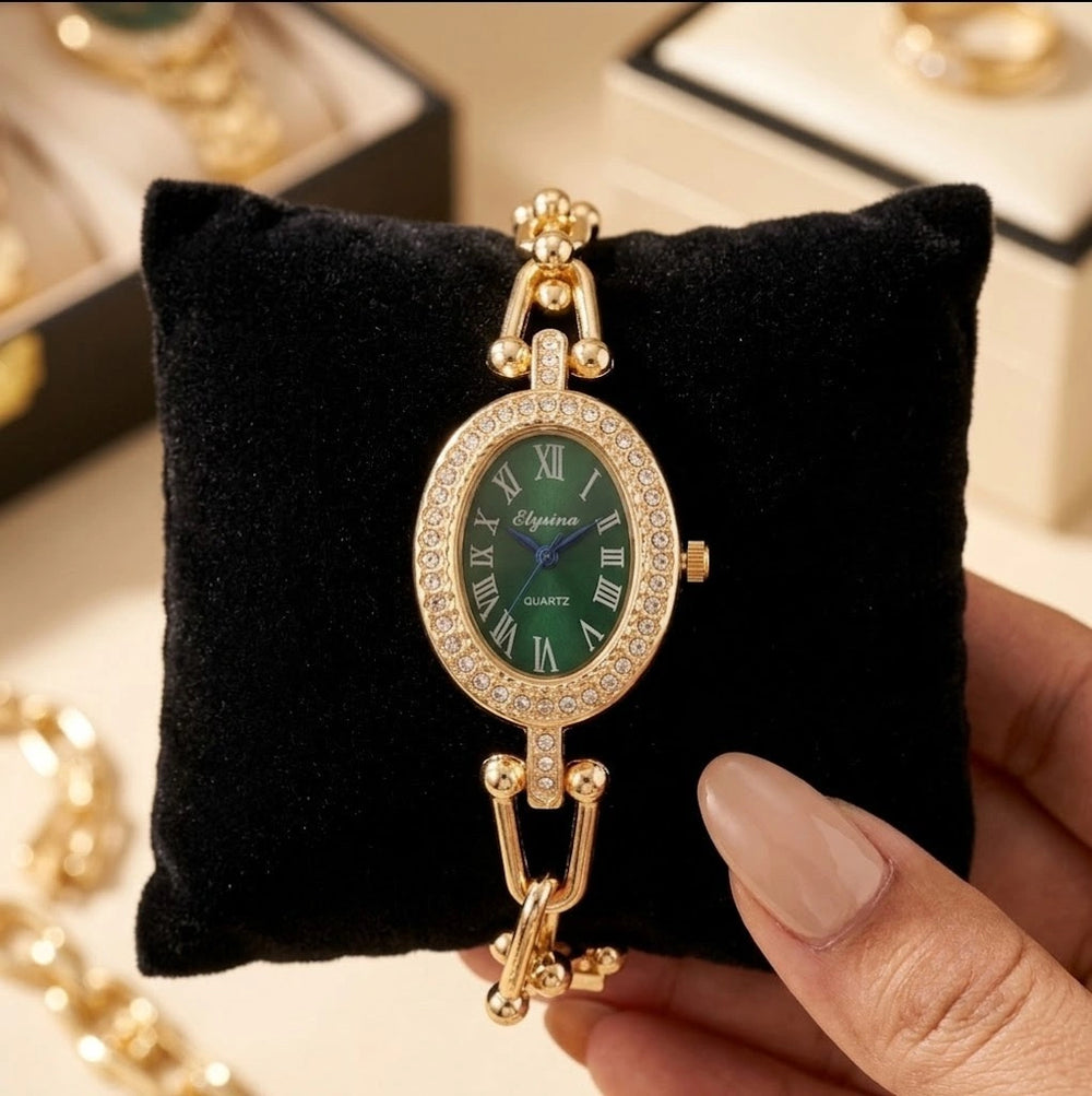 Vintage Emerald Dial Oval Watch - Anti-Tarnish Gold Plated