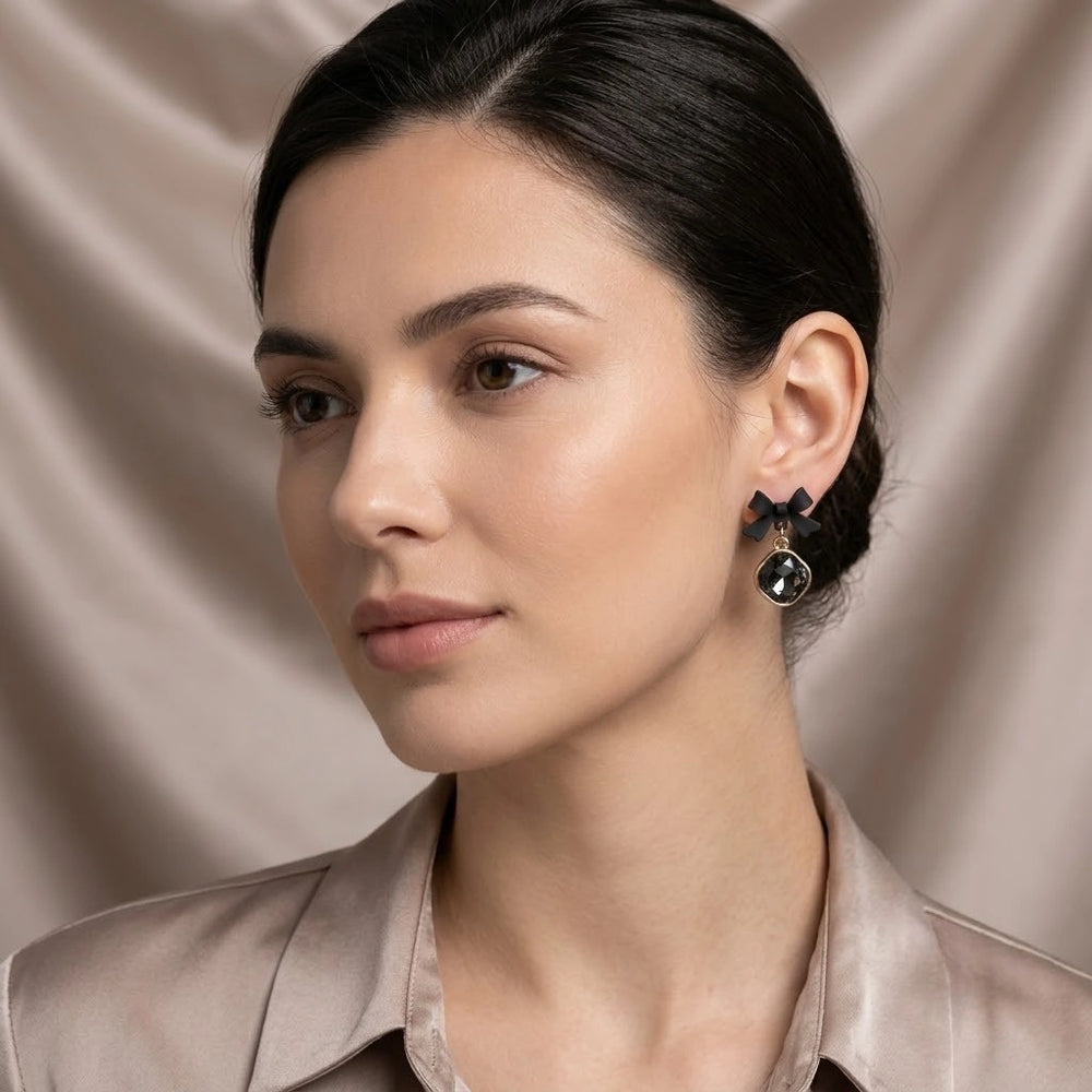 Black Bow Crystal Drop Earrings - Coquette Style Dangle Earrings
