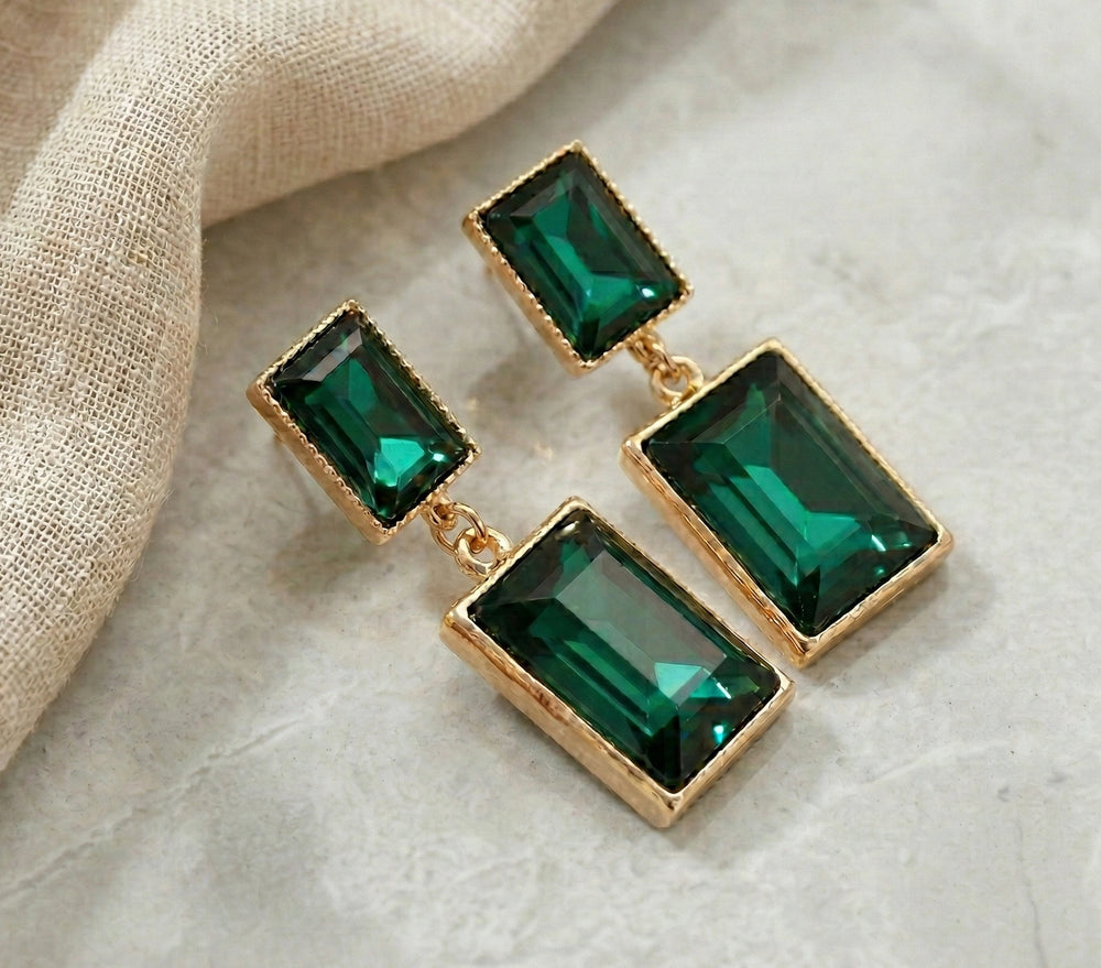 Emerald Green Rectangular Crystal Drop Earrings - Premium Gold Finish