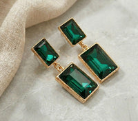 Emerald Green Rectangular Crystal Drop Earrings - Premium Gold Finish