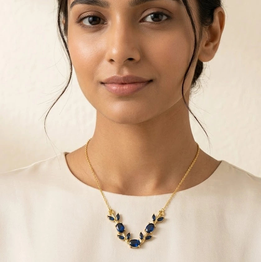 Tulip Elegant Blue Stone Floral Vine Necklace | Anti Tarnish Fashion Jewelry