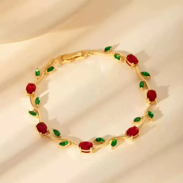 Tulip Floral Vine Red & Green Stone Bracelet - Anti Tarnish Fashion Jewelry