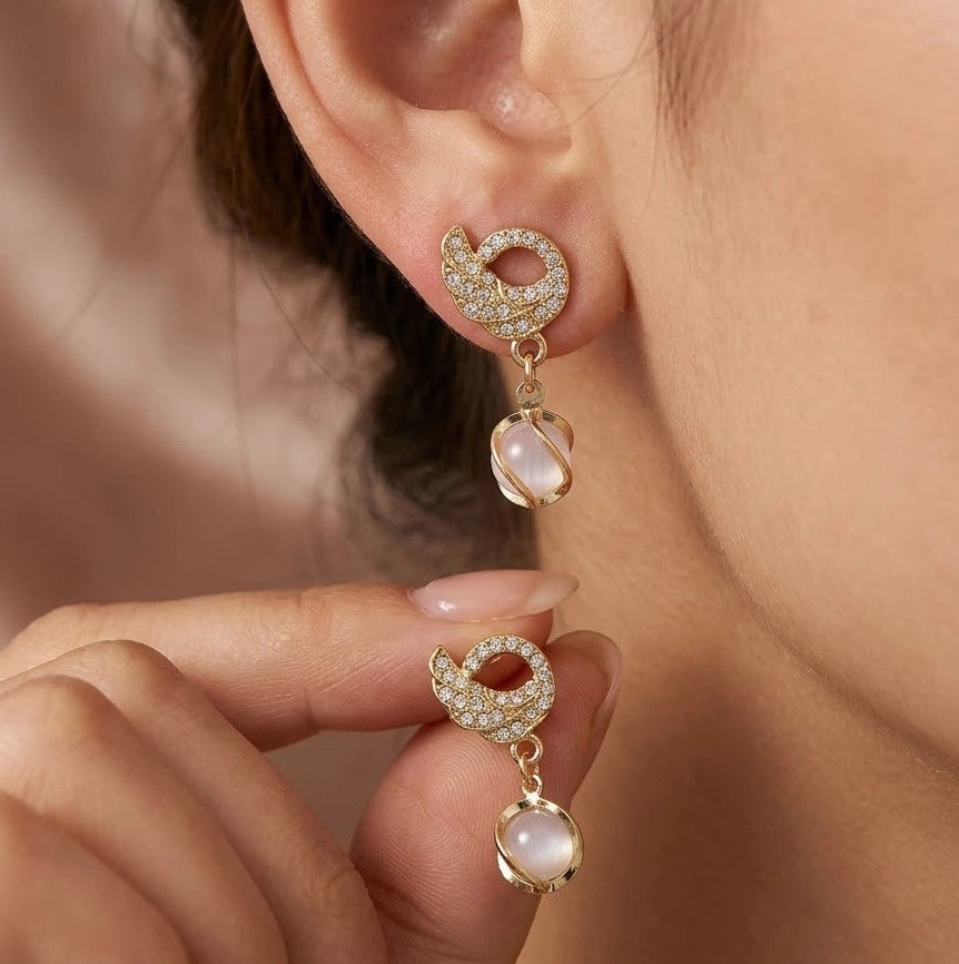 Pearl Drop Dangle Earrings with Crystal Swirl | High-Quality Gold Plated