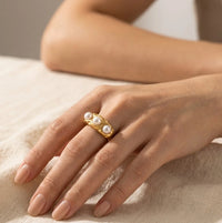Textured Triple Pearl Anti-Tarnish Ring - 18K Gold Plated Adjustable Band