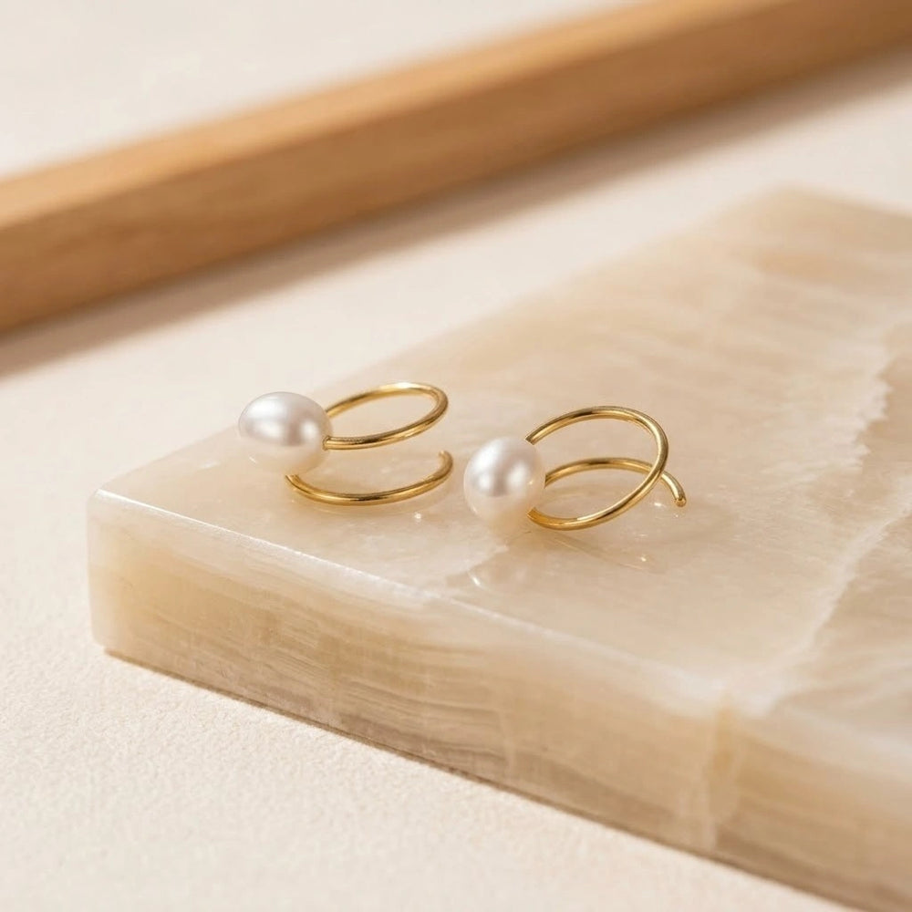 Pearl Spiral Double Hoop Earrings | Anti-Tarnish Gold Plated Korean Style