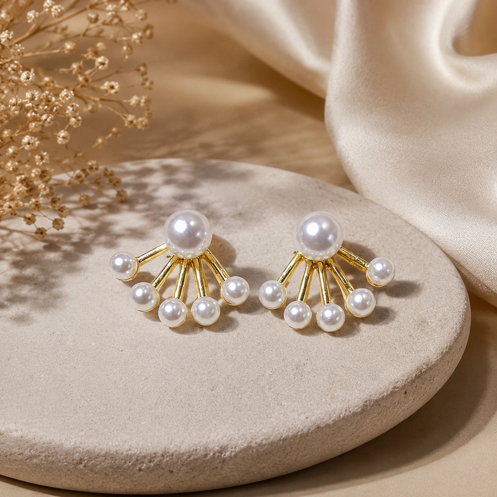 Pearl Sunburst Ear Jacket | Gold Plated Fan Stud Earrings