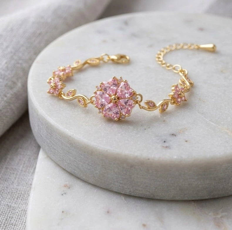 Tulip Pink Crystal Flower Vine Bracelet - Anti Tarnish Gold Plated