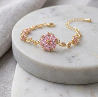 Tulip Pink Crystal Flower Vine Bracelet - Anti Tarnish Gold Plated