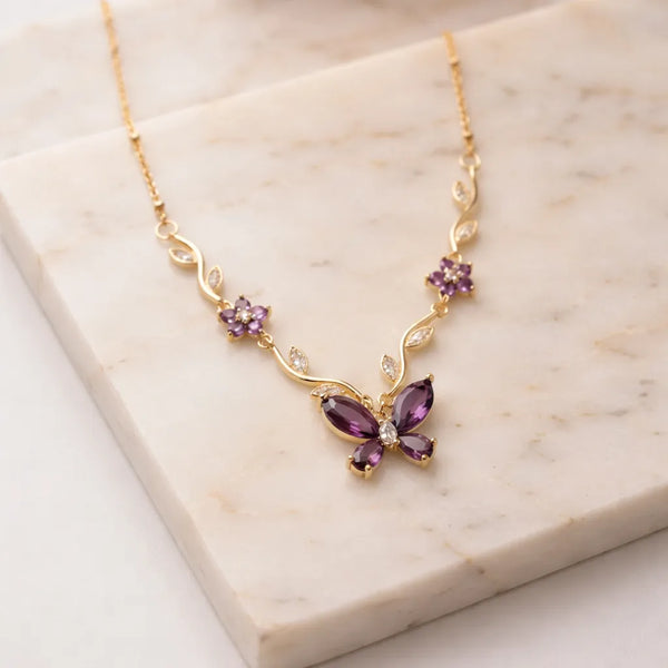 Purple Butterfly Pendant Necklace - Anti-Tarnish Gold-Plated Floral Jewelry