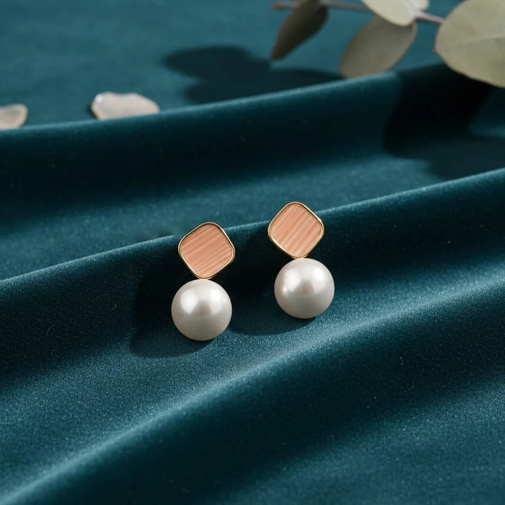 Korean Style Geometric Pearl Drop Earrings – Peach Resin & Gold-Tone Fashion Jewellery for Women