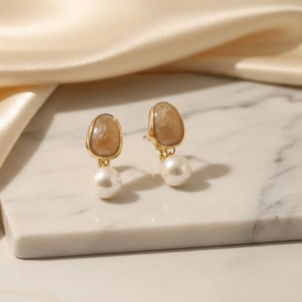 Korean Style Pearl Drop Earrings – Chic Champagne Enamel & Gold Tone Dangles