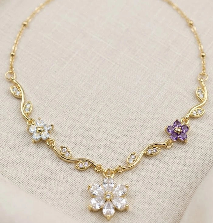 Floral Vine Anti-Tarnish Gold Plated Necklace with Purple & Clear Crystals