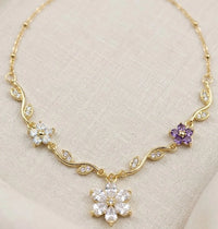 Floral Vine Anti-Tarnish Gold Plated Necklace with Purple & Clear Crystals