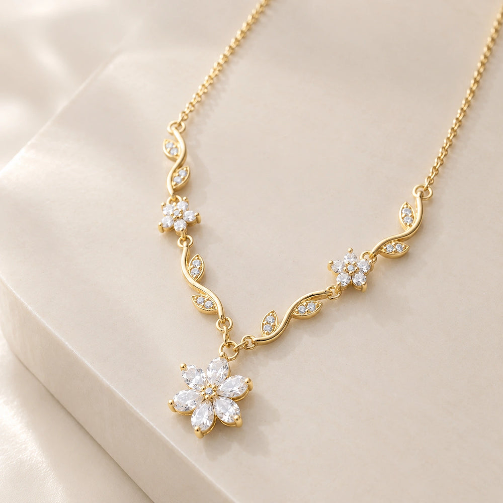 Floral Crystal Vine Necklace - Anti-Tarnish Gold Plated | Dainty Korean Minimalist Jewelry