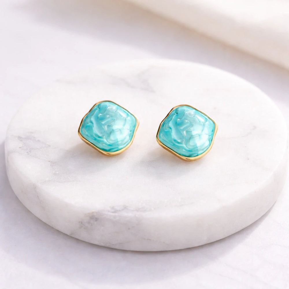 Turquoise Blue Square Stud Earrings with Gold Rim | Premium Western Wear