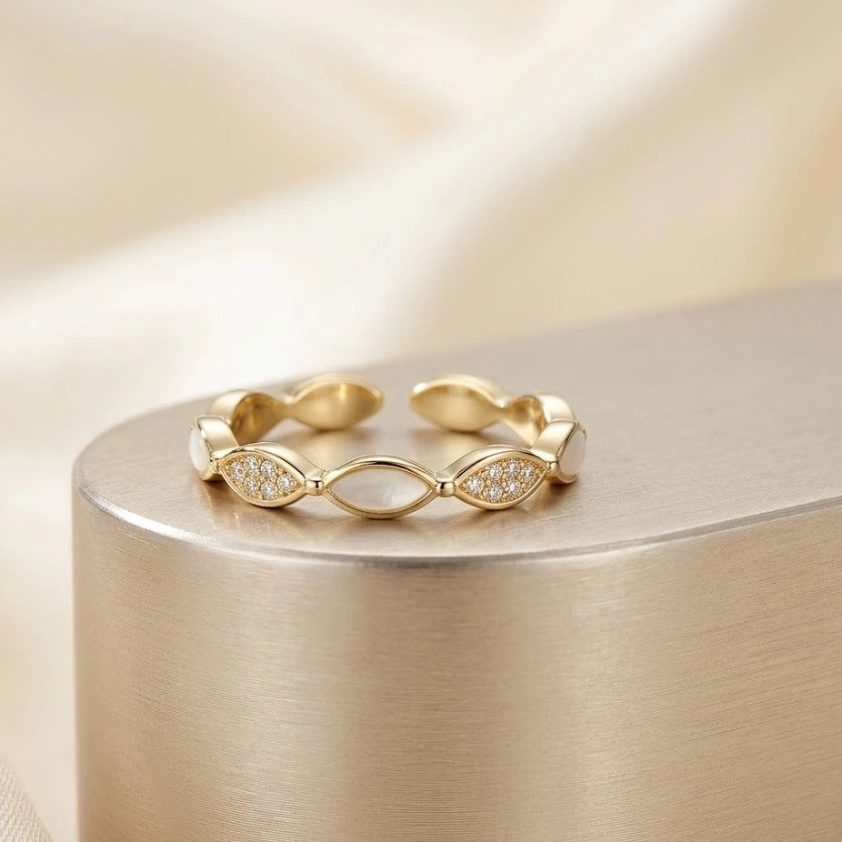 Dainty Gold Marquise Pearl & CZ Fashion Ring - Minimalist Korean Style