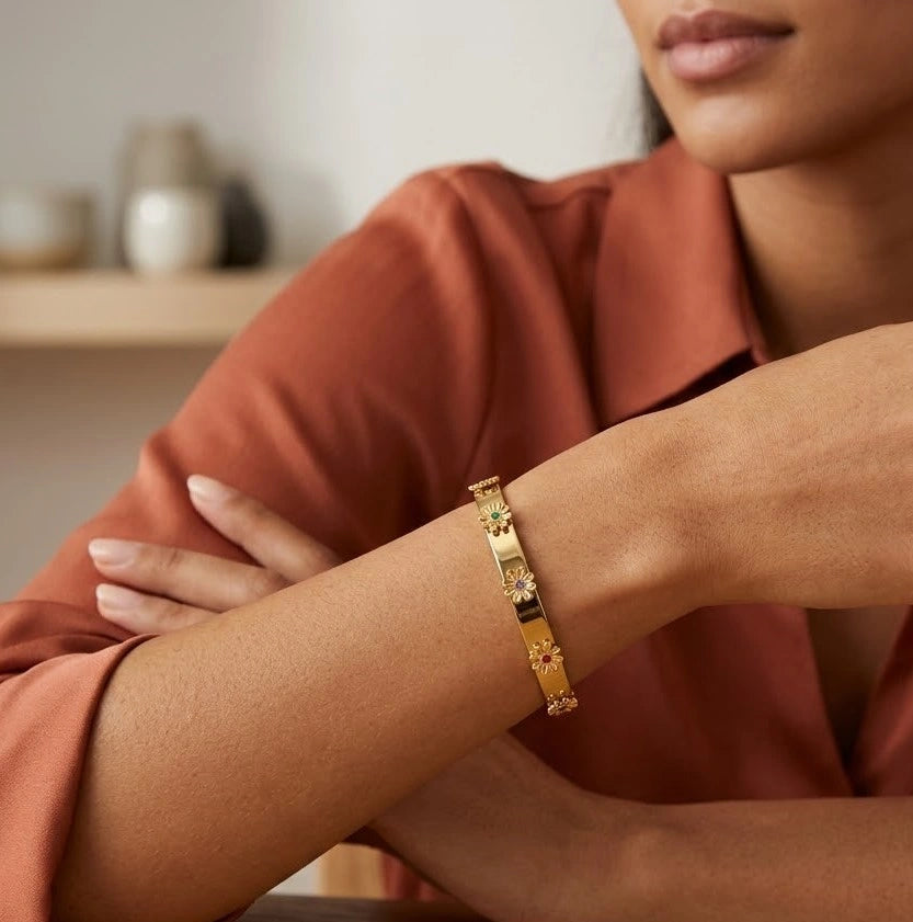 Multi-Color Flower Anti-Tarnish Gold Plated Bangle Bracelet