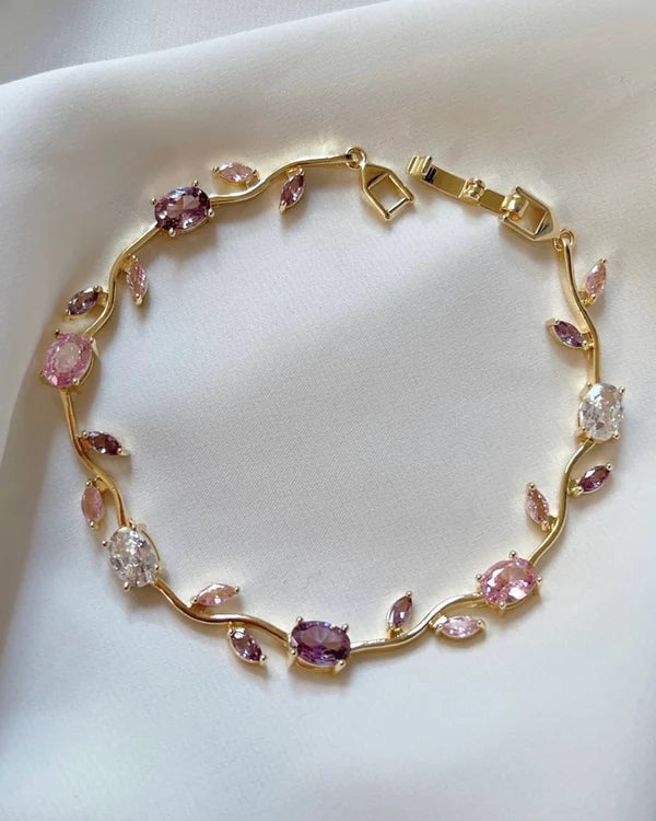 Tulip Floral Vine Crystal Necklace & Bracelet Set | Pink & Purple Stones | Anti-Tarnish