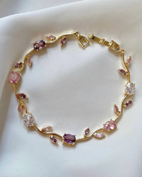 Tulip Floral Vine Crystal Necklace & Bracelet Set | Pink & Purple Stones | Anti-Tarnish
