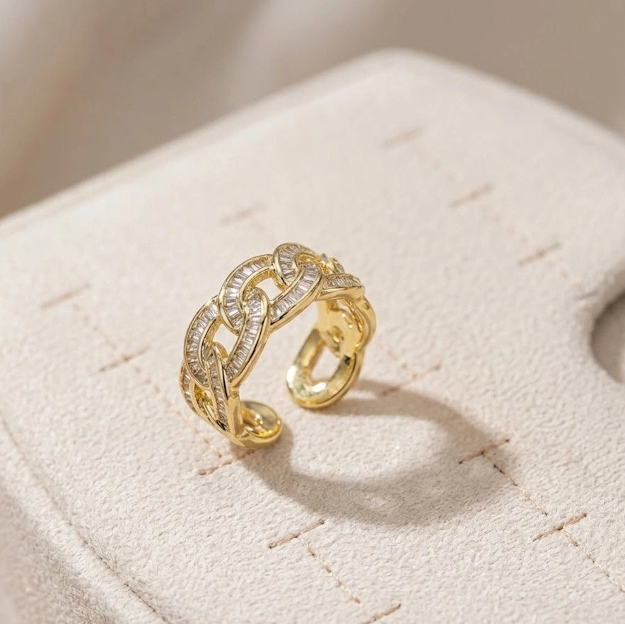 Baguette Zircon Gold Toned Curb Link Fashion Ring for Women | High Quality Statement Chain Ring