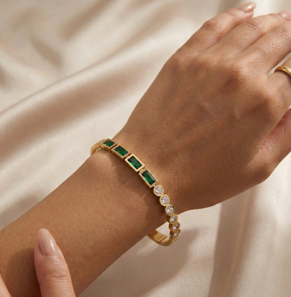 Emerald Green Baguette Gold Plated Anti-Tarnish Bangle Bracelet
