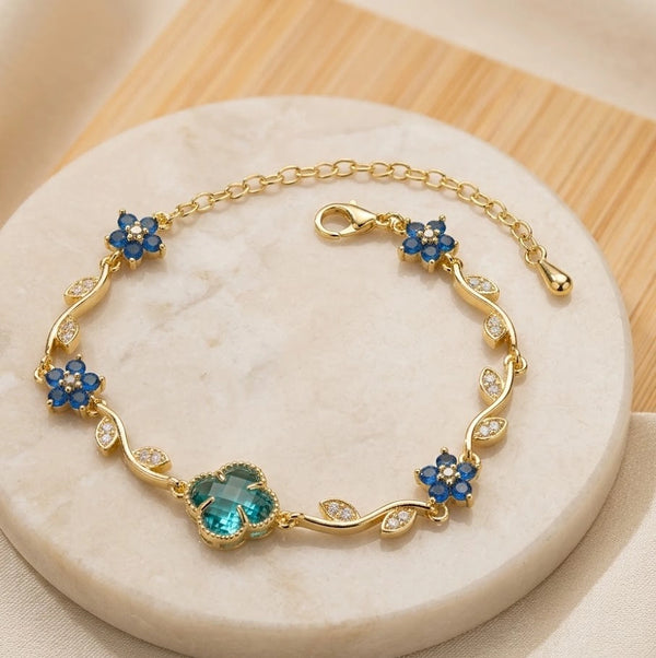 Tulip Emerald Clover & Blue Floral Anti-Tarnish Plated Bracelet