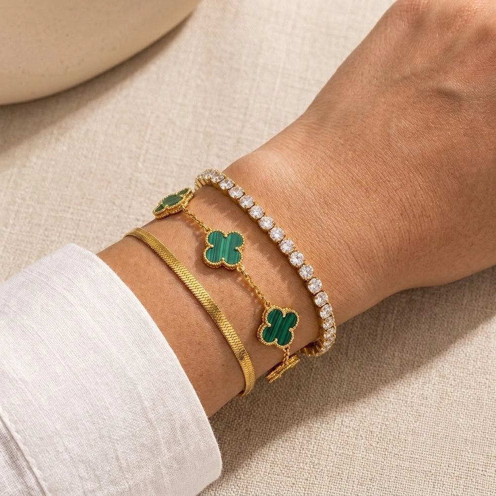 Emerald Clover & Tennis Bracelet Stack - Anti-Tarnish Gold Plated 3-Piece Set