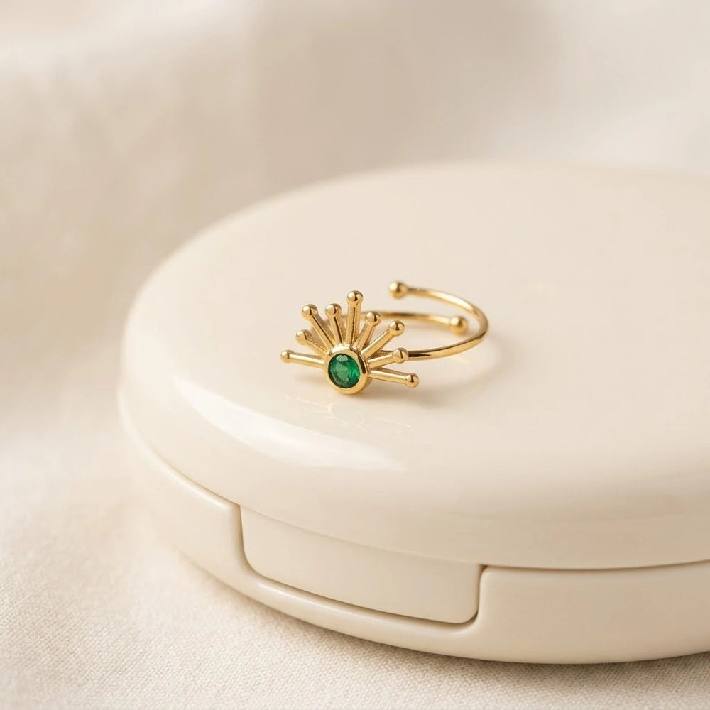 Sunburst Green Stone Adjustable Ring - Anti Tarnish Gold Plated
