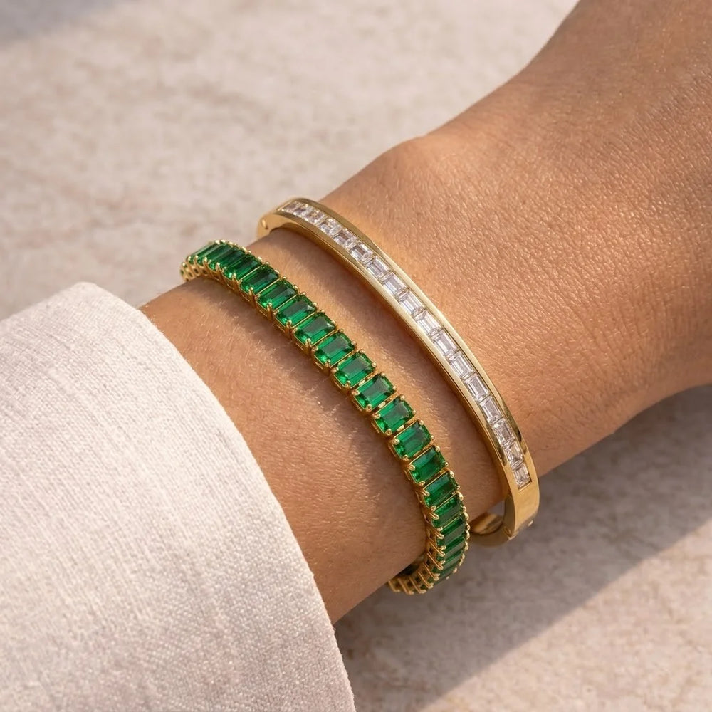 Emerald Green & Crystal Baguette Bracelet Stack - Anti Tarnish Gold Plated