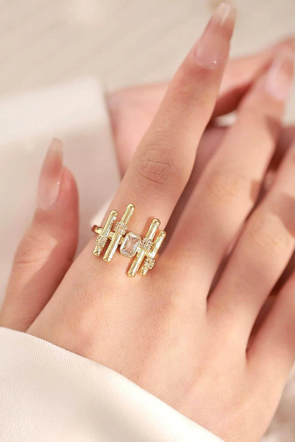 Geometric Bar  Fashion Ring with Emerald Cut Crystal - Adjustable Statement Ring