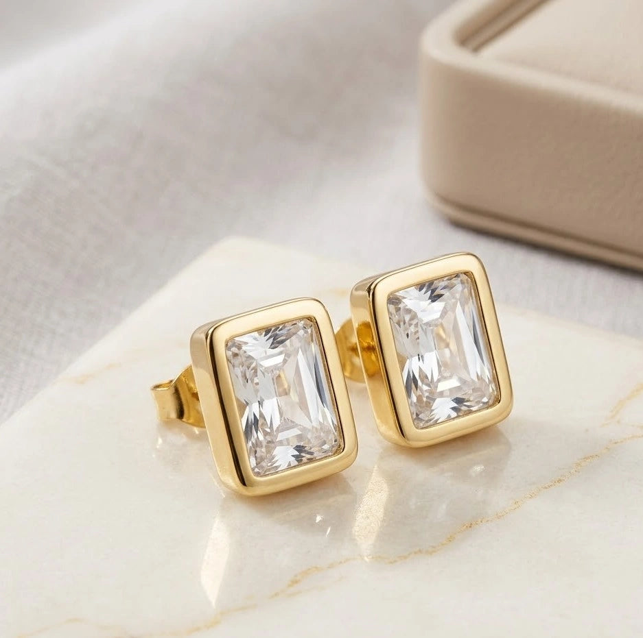 Emerald Cut Clear Crystal Stud Earrings - Gold Toned Fashion Jewelry
