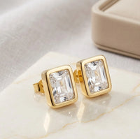 Emerald Cut Clear Crystal Stud Earrings - Gold Toned Fashion Jewelry