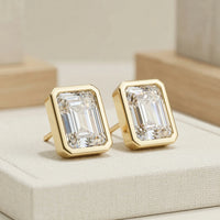 Emerald Cut Clear Crystal Stud Earrings - Gold Toned Fashion Jewelry