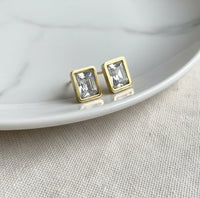 Emerald Cut Clear Crystal Stud Earrings - Gold Toned Fashion Jewelry