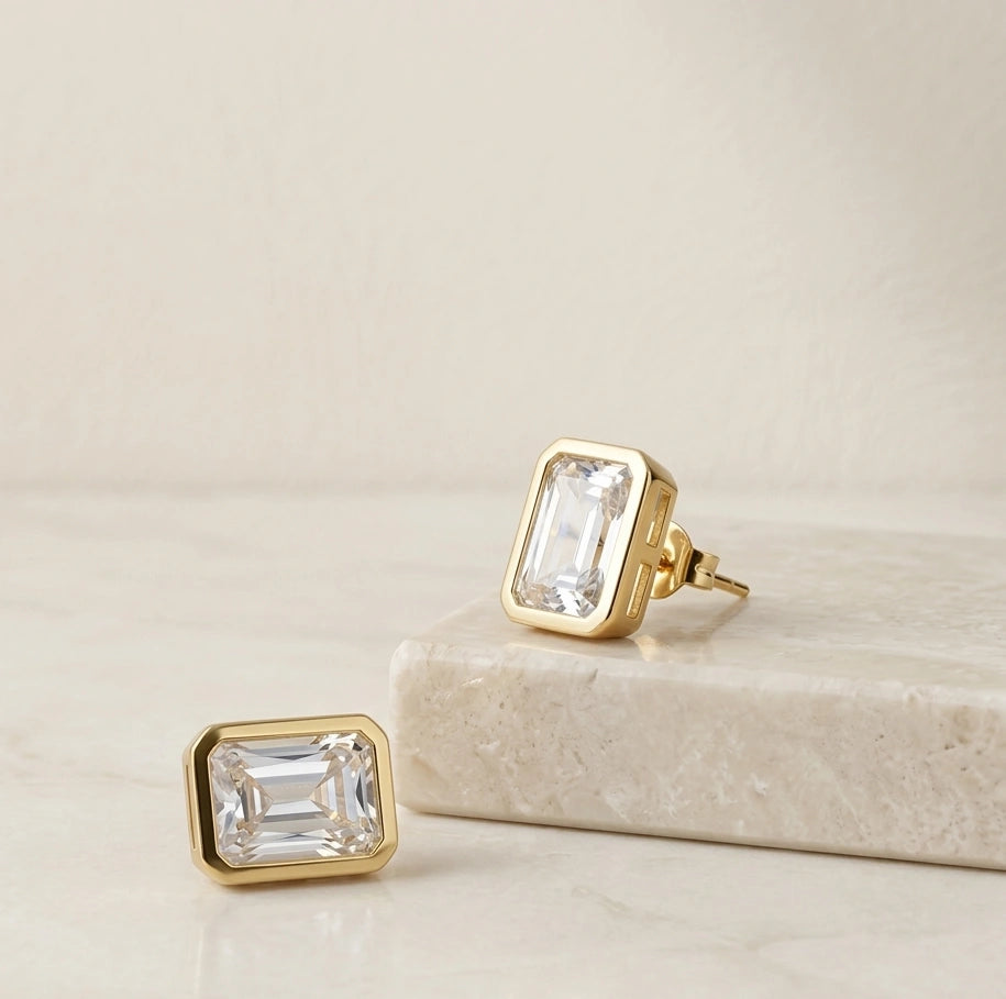 Emerald Cut Clear Crystal Stud Earrings - Gold Toned Fashion Jewelry