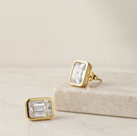 Emerald Cut Clear Crystal Stud Earrings - Gold Toned Fashion Jewelry