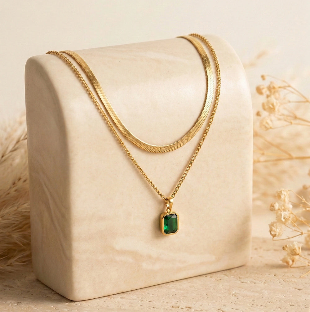Emerald Cut Green Stone Layered Necklace | Anti-Tarnish Gold Plated