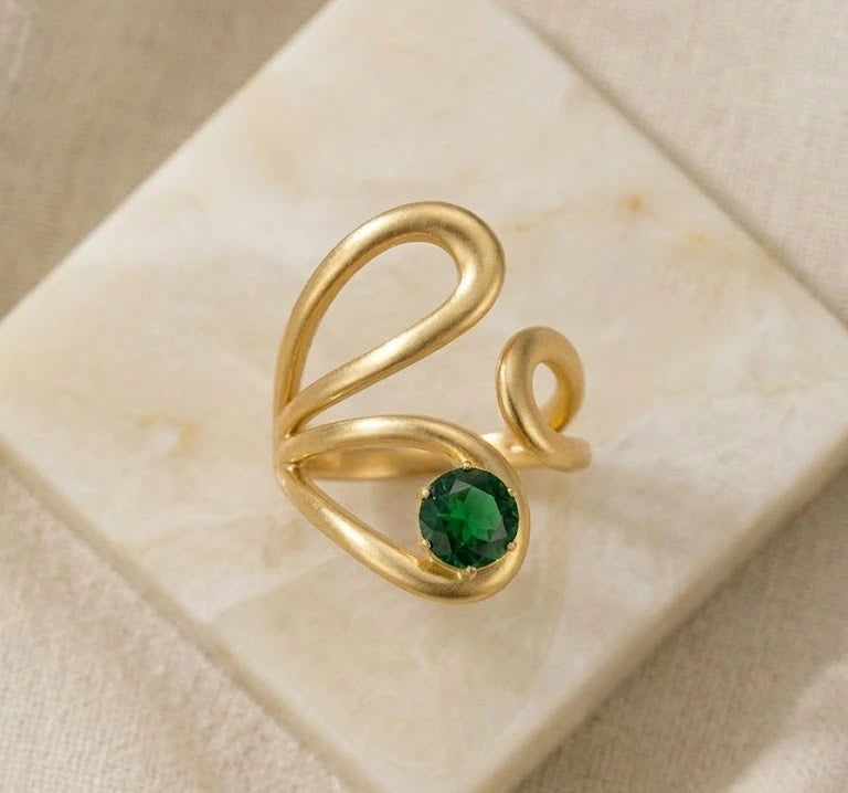 Emerald Green Abstract Adjustable Ring - Gold Plated Anti-Tarnish Fashion Jewellery