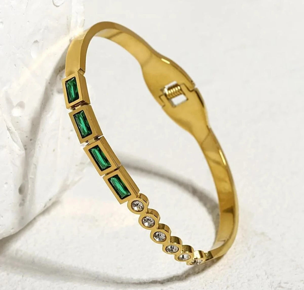 Emerald Green Baguette Gold Plated Anti-Tarnish Bangle Bracelet