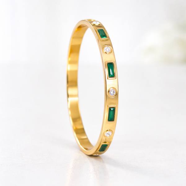 Emerald Green Stone Anti-Tarnish Gold Plated Bangle Bracelet for Women
