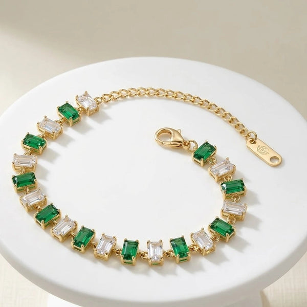 Emerald Green & Clear Baguette Stone Tennis Bracelet - Anti Tarnish