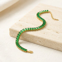 Emerald Green Baguette Tennis Bracelet | Anti Tarnish Gold Plated